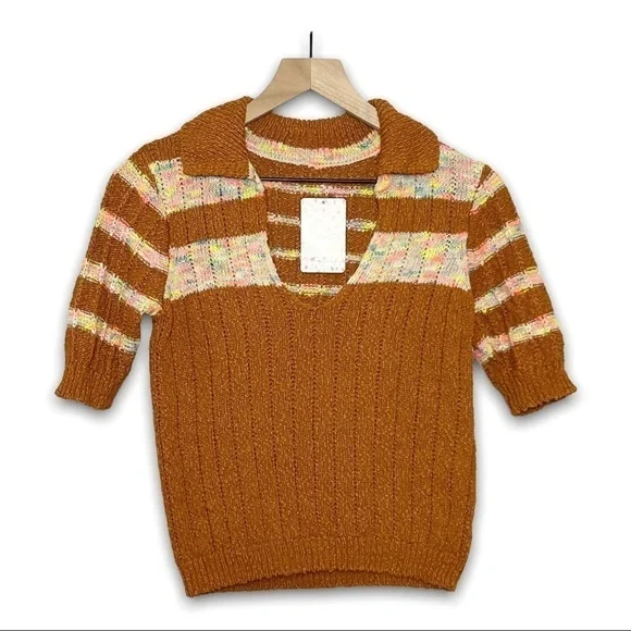 FREE PEOPLE 70s Cropped V-Neck Chunky Knit Striped Short Sleeve Henley Sweater S - Picture 7 of 14